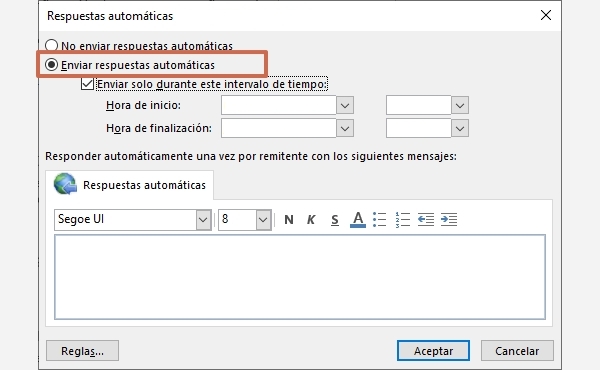 Configurar respuestas automaticas en la aplicacion de Outlook