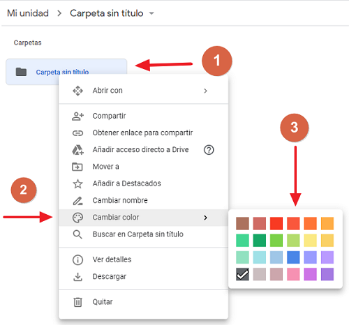 Cómo cambiar el color a una carpeta en Google Drive paso 1, 2 y 3