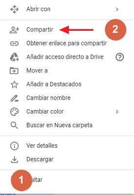 Cómo compartir carpeta en Google Drive desde el navegador compartir con un grupo paso 1, 2