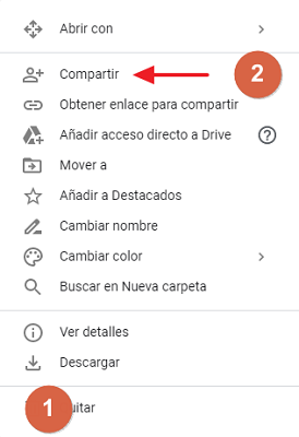 Cómo compartir carpeta en Google Drive desde el navegador mediante un correo paso 1, 2