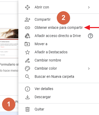 Cómo compartir carpeta en Google Drive desde el navegador mediante un enlace paso 1, 2