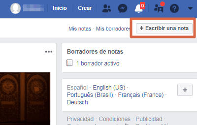 Poner negritas en notas de Facebook paso 1