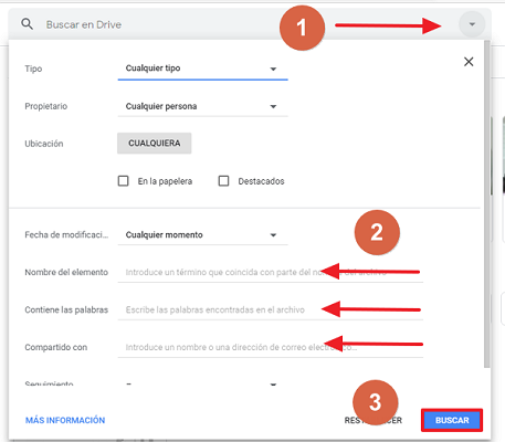 Cómo recuperar una carpeta borrada en Google Drive utilizando el buscador paso 1, 2 y 3