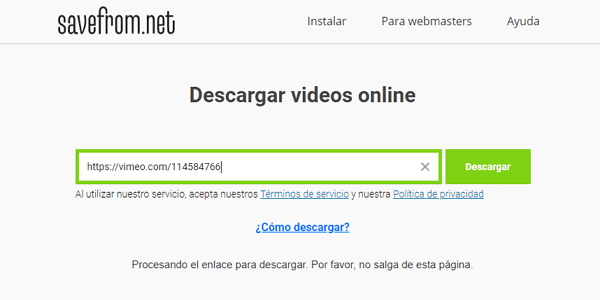 Utilizar Savefrom.net para descargar un video de Vimeo