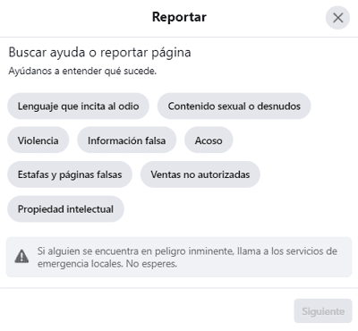 Cómo reportar una página en Facebook paso 3