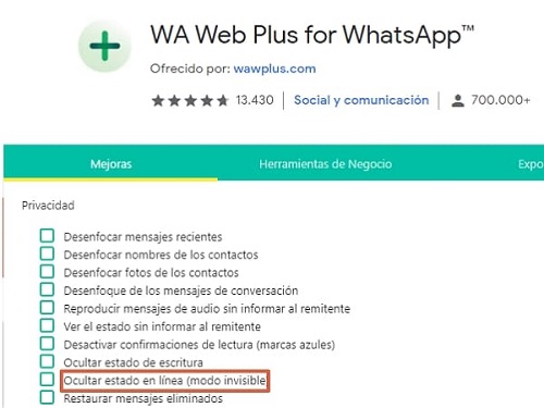 Cómo no aparecer en línea en WhatsApp Web usando la extensión para Google Chrome WA Web Plus for WhatsApp