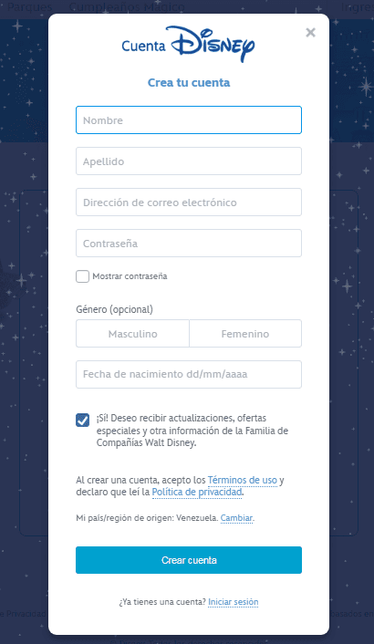Mundo Disney Cumpleaños registro crear cuenta
