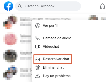 Cómo desarchivar conversaciones en Facebook Messenger desde la versión web en el ordenador paso 4