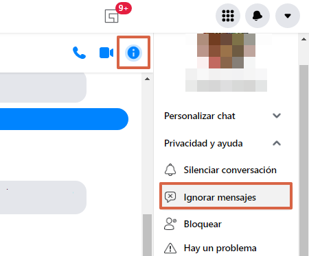 Opción “Ignorar mensajes” activa en Facebook Messenger