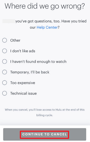 Como cancelar Hulu desde la app paso 4