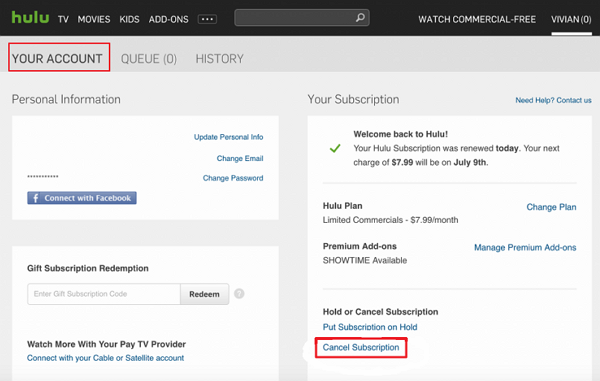 Como cancelar Hulu desde la web paso 2