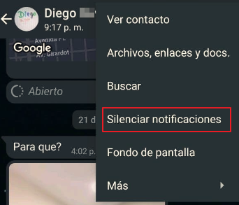 Silenciar las notificaciones de WhatsApp en Android desde la conversación paso 2