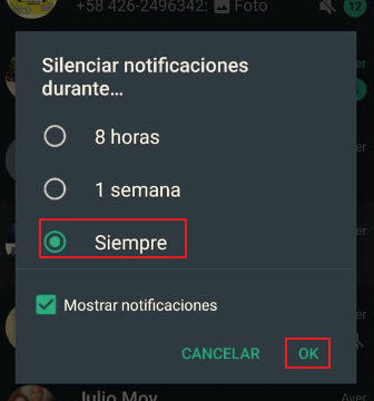 Silenciar las notificaciones de WhatsApp en Android desde la lista de chat paso 3