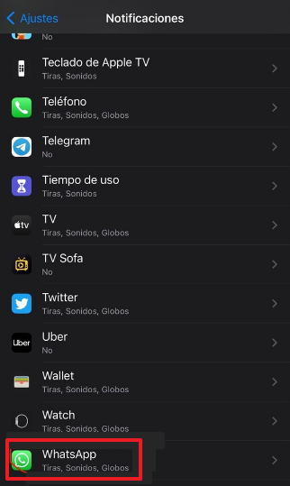 Silenciar las notificaciones de WhatsApp en iOS toda la app paso 1 