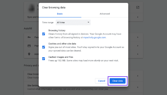 opción Google Chrome Clear Data